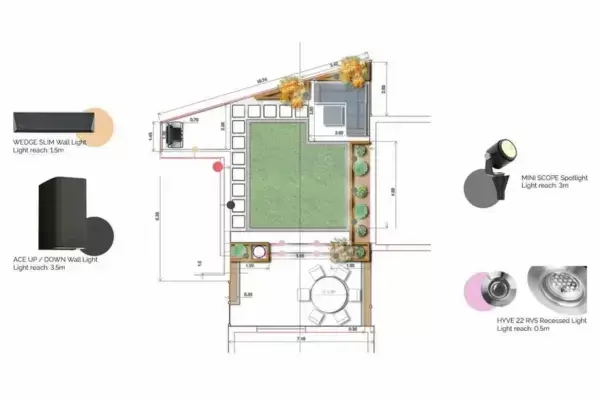 Practical new garden design layout plan with low voltage outdoor lighting overlay.
