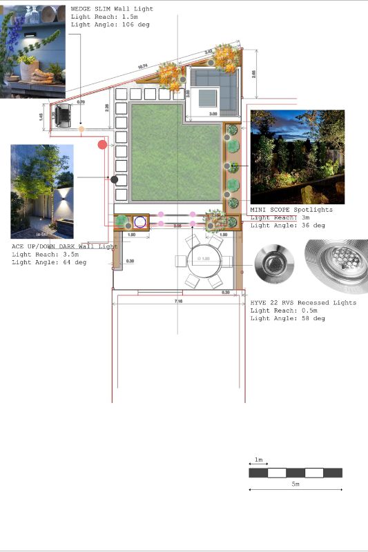 Low voltage outdoor lighting plan overlay for garden design. Example outdoor garden lighting plan for client.