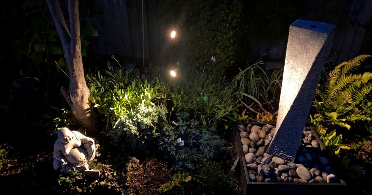12v outdoor garden lighting installation completed in Solihull. Low voltage outdoor spotlights illuminating plants and features in patio border - Oakland Group, Outdoor Garden Lighting Design and Installation Services.
