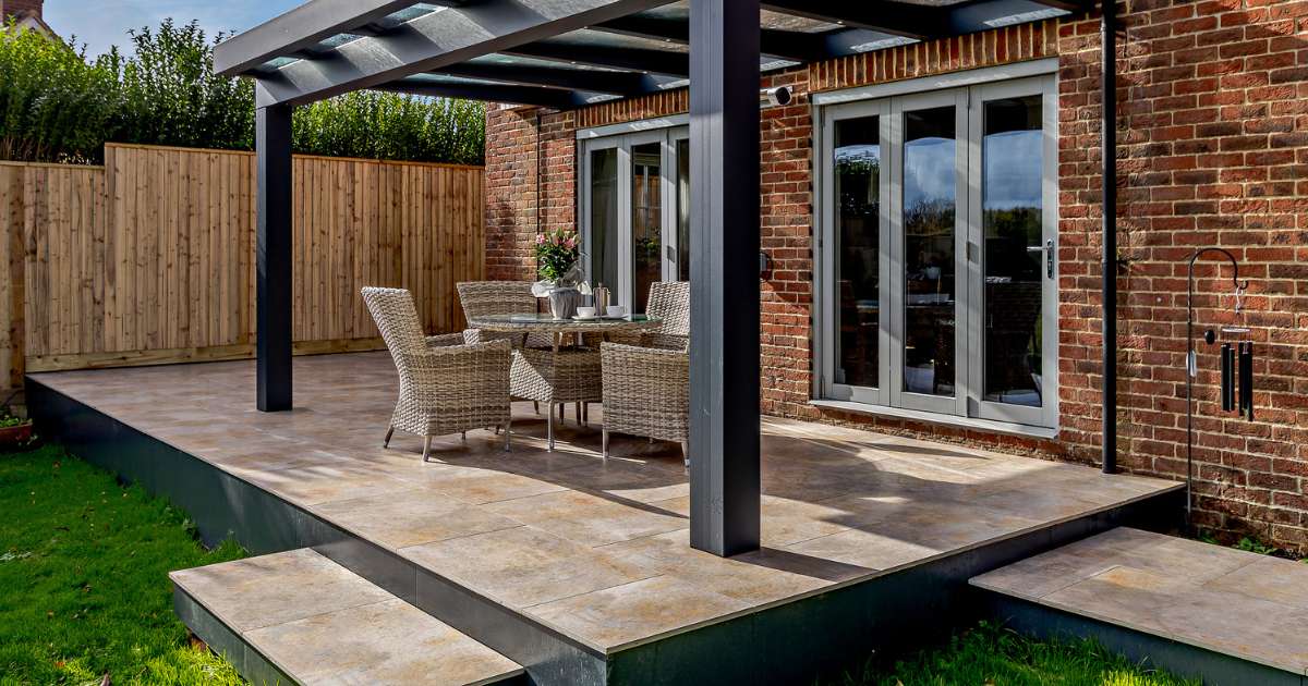 iGarden Vision, Contemporary Outdoor Living, raised porcelain patio terrace and veranda with alfresco seating area.