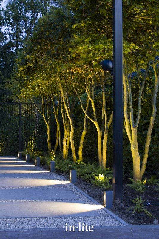 in-lite ACE 12v outdoor bollard lights, positioned along driveway and path border, illuminating across the path and driveway with a targeted spotlight beam. Low voltage outdoor garden lights, atmospheric path lighting for ambiance.