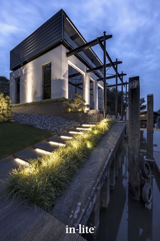 in-lite EVO HYDE 550 12v outdoor surface lights, installed under step overhang, illuminating step riser and paving level, with a unique attractive lighting effect without glare. Low voltage outdoor garden lights, atmospheric lighting for ambiance.