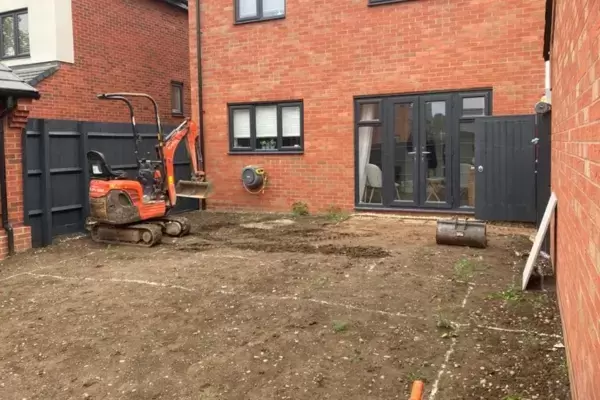 New garden transformation landscaping works in progress at rear landscape of new build home.