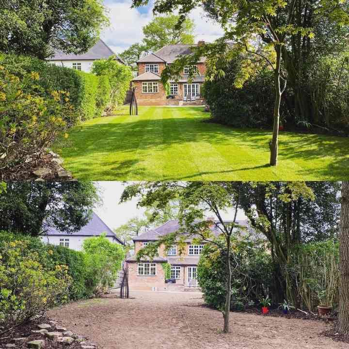 Mature rear landscaping before and after in special landscape transformation garden design and build project in Solihull, West Midlands - Oakland Group.