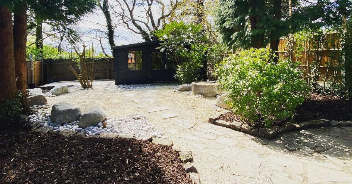Professional landscaping works completed to design borders and pathways leading to bottom garden retreat and studio - Oakland Group, Landscaping Services.