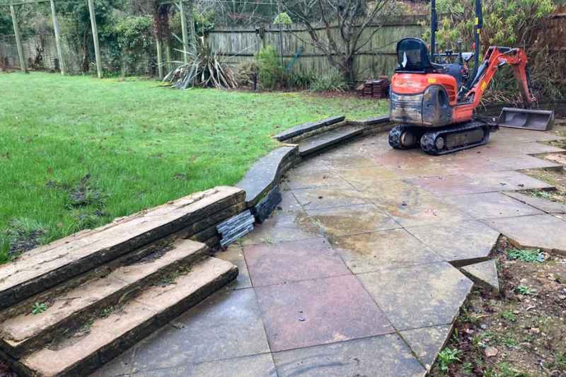 Patio landscaping works in Solihull. Patio build preparation for paving and retaining wall removal.