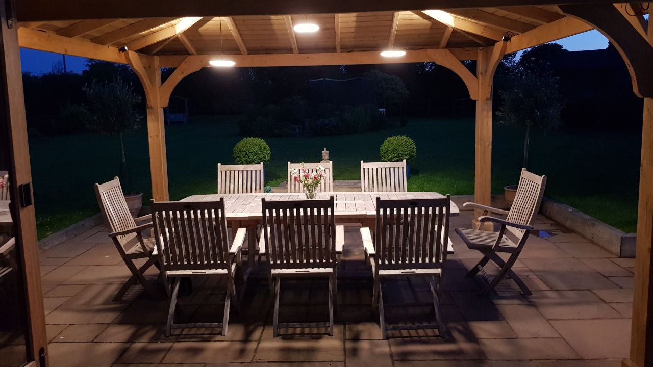 Landscaping works completed in Rowington Warwick. Imperial gazebo with low voltage outdoor lighting installed in private garden residence.