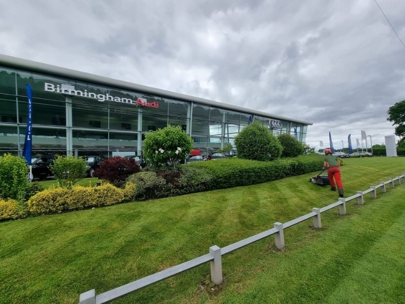 Grounds maintenance service at car dealership Birmingham Audi on Stratford Road in Shirley, Solihull - Oakland Group.