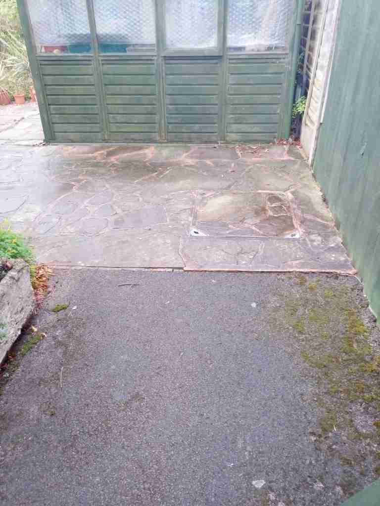 Old garden greenhouse paving area before patio works in Solihull - Oakland Group.