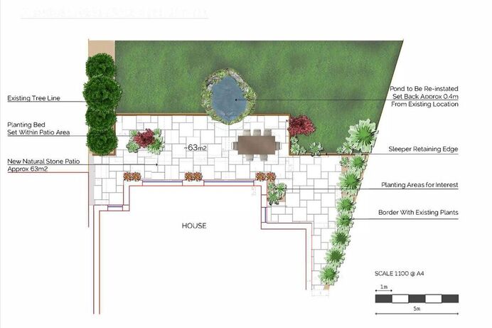 Garden design new patio layout plan with borders, planting and new lawn in rear garden landscaping project proposal.